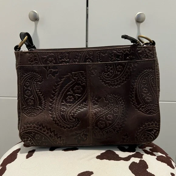 Vintage Paisley Tignanello Brown and Black Embossed Leather Shoulder Bag - Picture 2 of 6